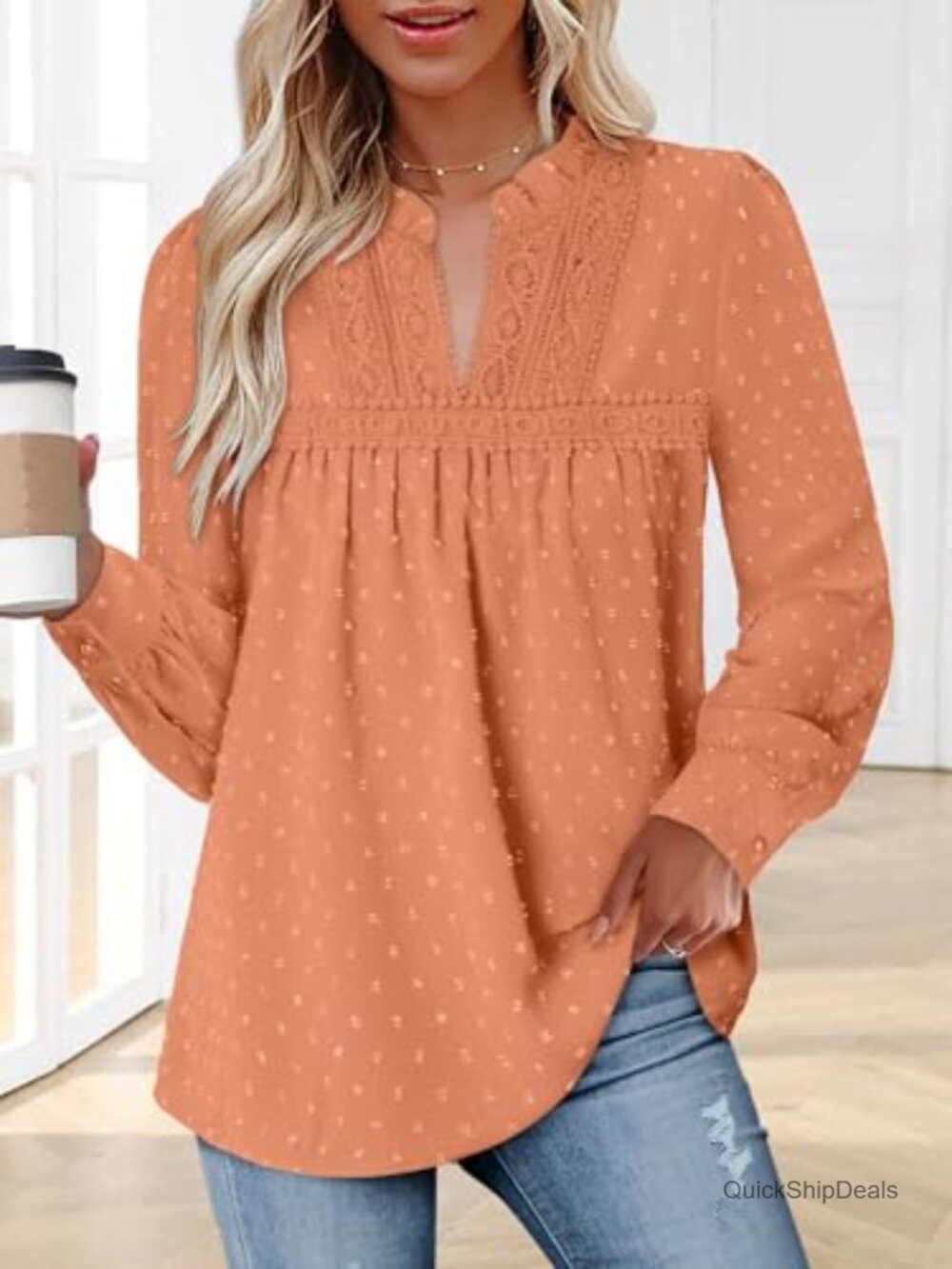 Boho Swiss Dot Long Sleeve V-Neck Blouse Flowy Casual Top - Picture 3 of 4